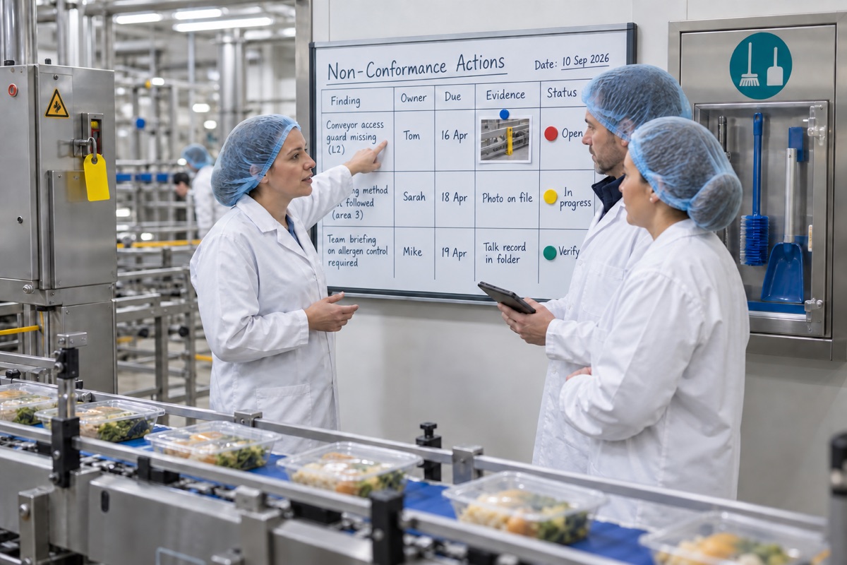 A technical manager leading a morning action review beside a chilled-food production line, assigning a hygiene non-conformance to engineering and shift owners through a clear visual workflow board.
