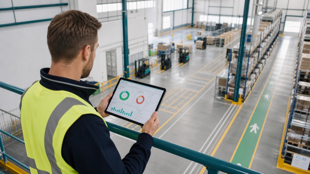 A supervisor on a bright warehouse mezzanine reviewing a tablet dashboard of completed, missed and failed pre-use checks, with safe equipment lanes visible below.