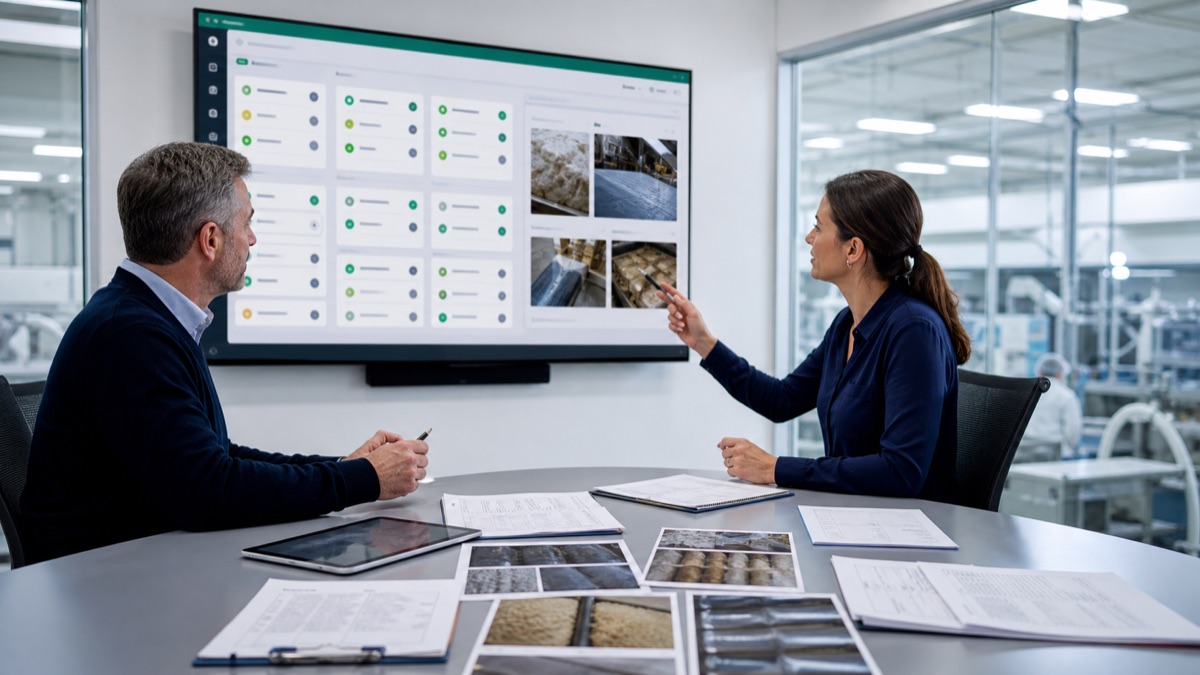 A quality manager and operations lead reviewing a live non-conformance action trail on a large screen, with inspection photos, evidence records and customer order paperwork visible on the table.