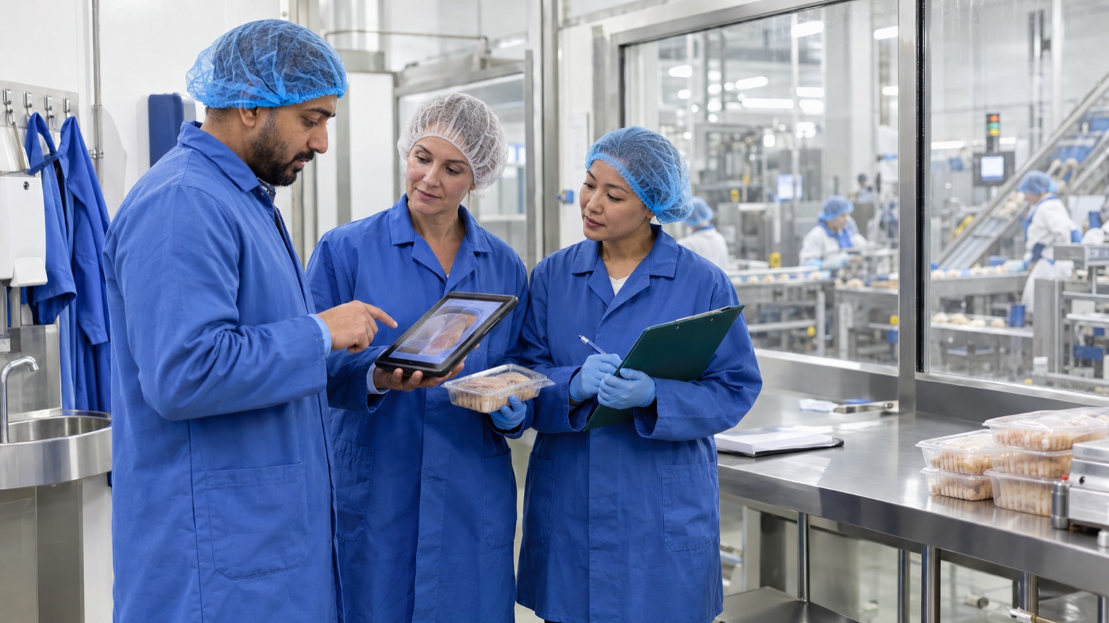 A frontline food-production operator showing a packaging seal concern on a tablet to a supportive shift supervisor and quality technician in a bright chilled-food facility.