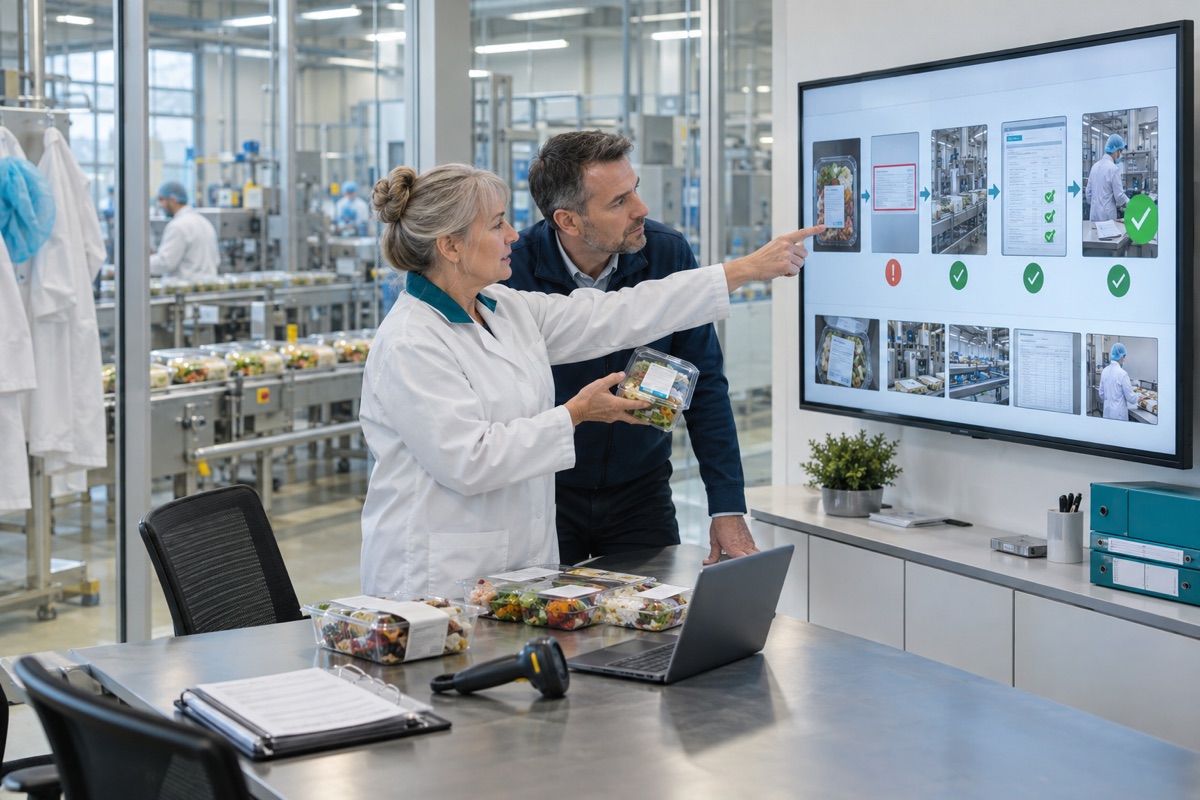 A senior quality manager and operations director in a food manufacturing quality room tracing a product-label non-conformance through actions and evidence on a large screen, with retained samples and a barcode scanner on the table.