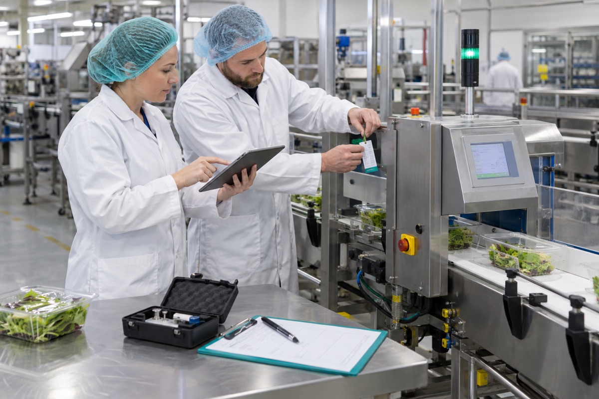 A technical manager and maintenance engineer at a hygienic food packaging line, reviewing a critical verification result on a tablet while attaching inspection evidence to the checked machine.