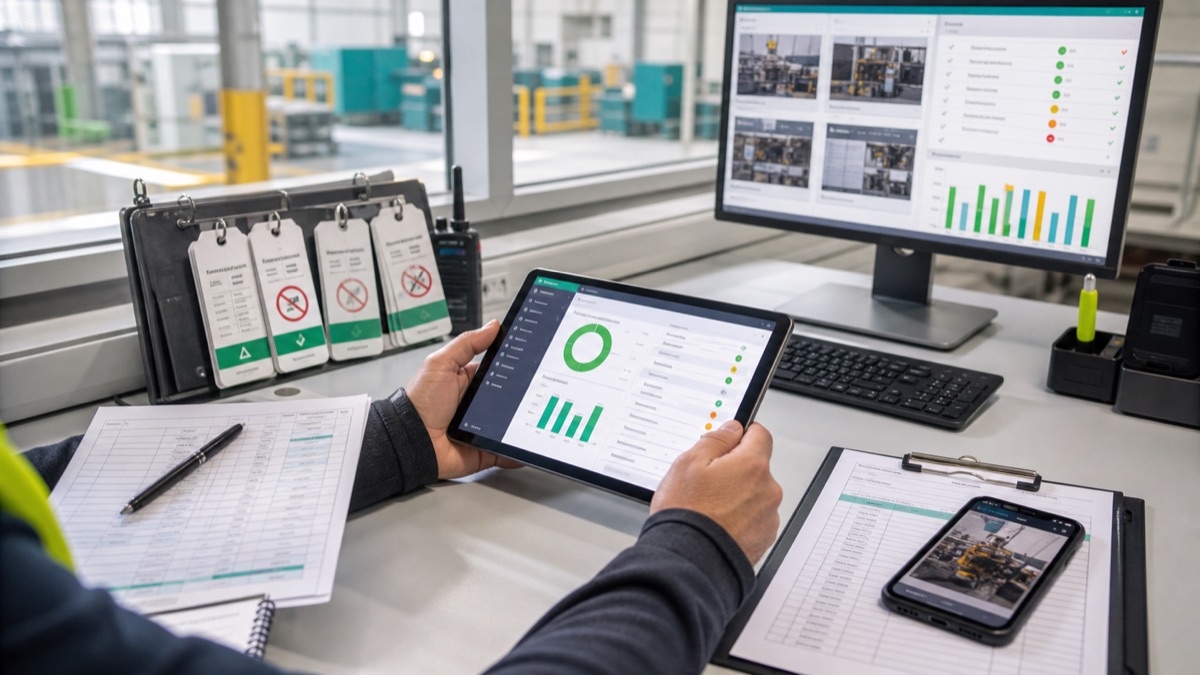 A bright operational control desk showing a supervisor reviewing a live pre-use check dashboard beside equipment tags, printed shift notes and a tablet with defect evidence.