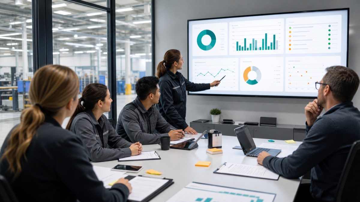 A quality review meeting with a live trend dashboard showing repeat findings by area, shift and process, alongside inspection records and action owners.