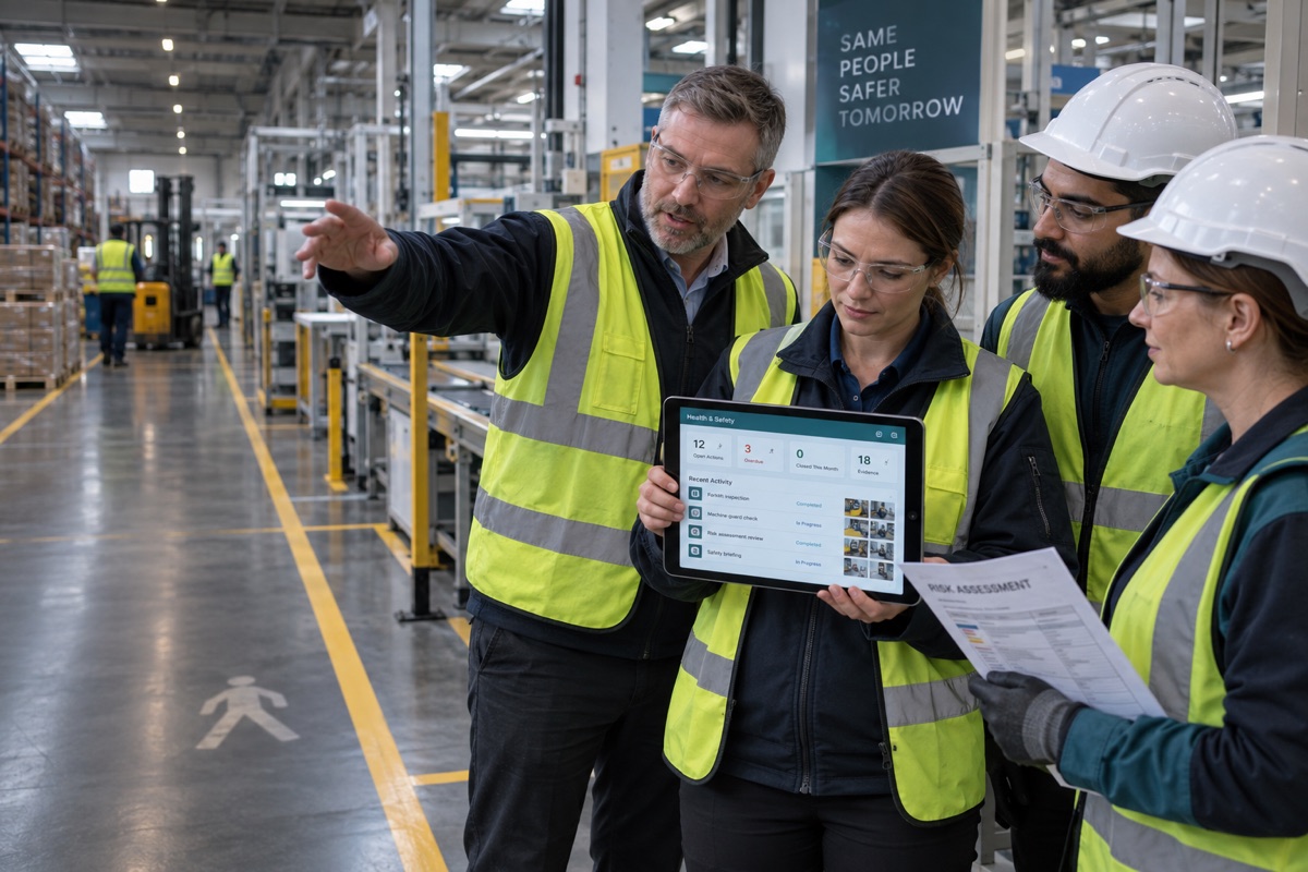 Operations, safety and frontline colleagues reviewing live safety actions together in a manufacturing workplace