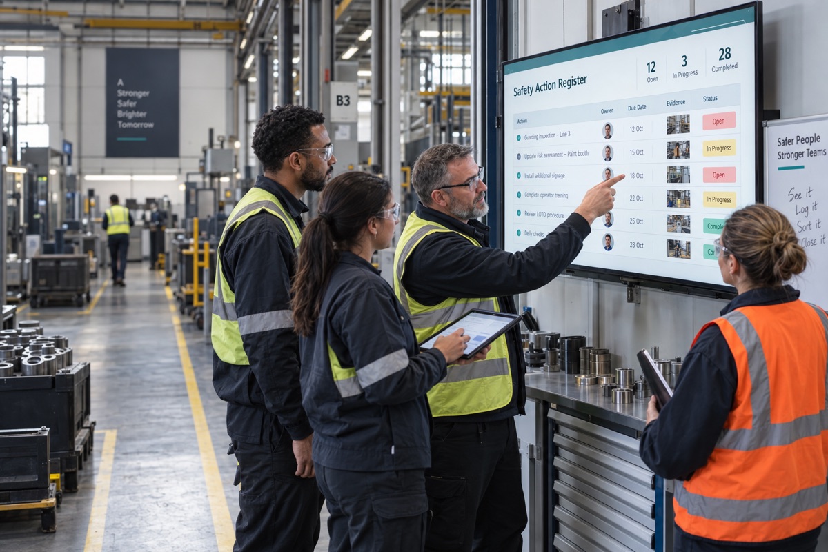 Operations, safety, engineering and frontline colleagues reviewing a shared live safety action register