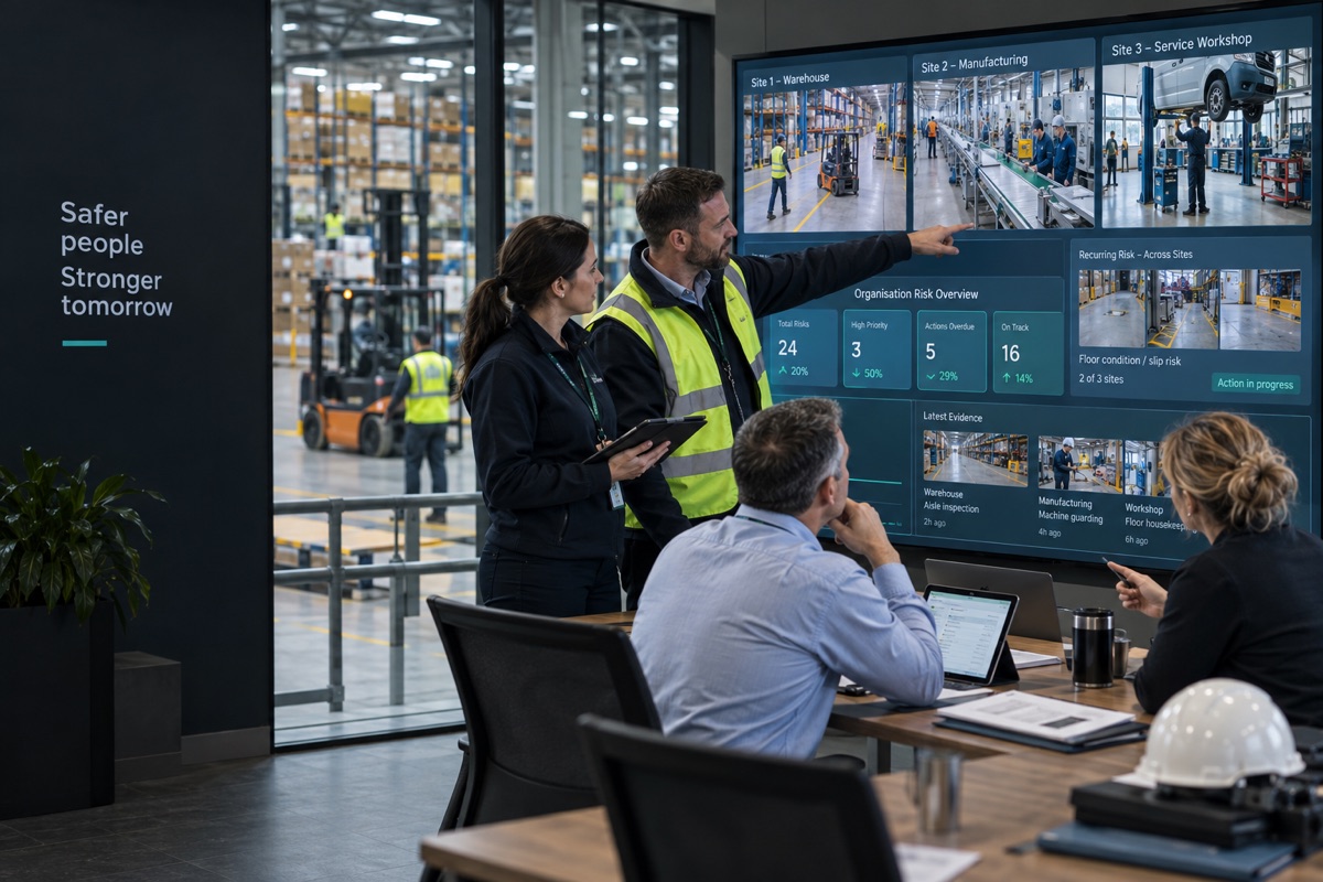 Regional and site managers reviewing one live risk view across warehouse, manufacturing and workshop operations